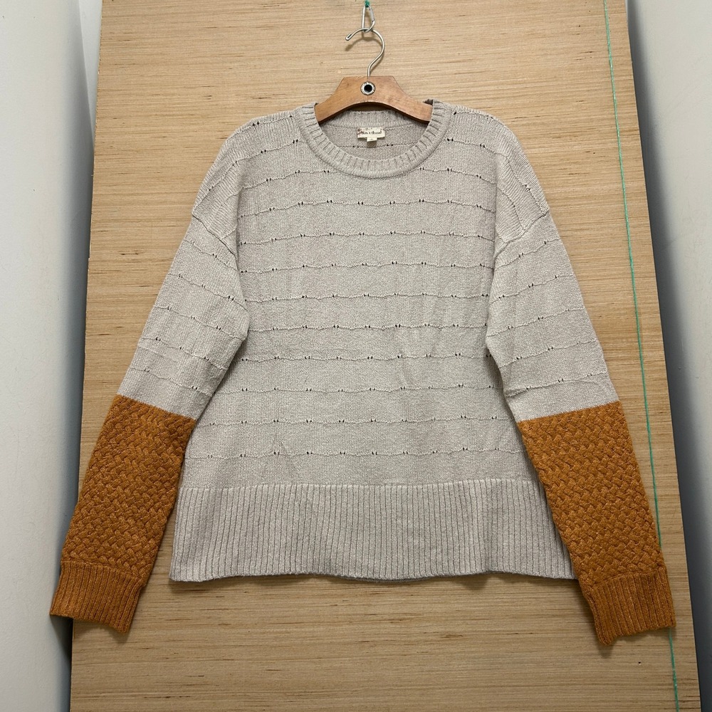 Hem and Thread Colorblock Knit Sweater Oatmeal Mustard Yellow Pointelle Small